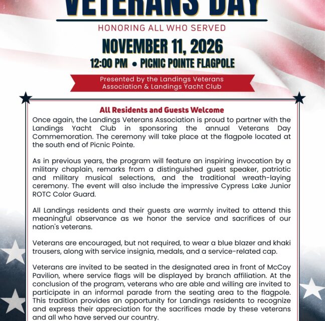 Veterans Day Commemoration flyer for November 11, 2026 at Picnic Pointe flagpole