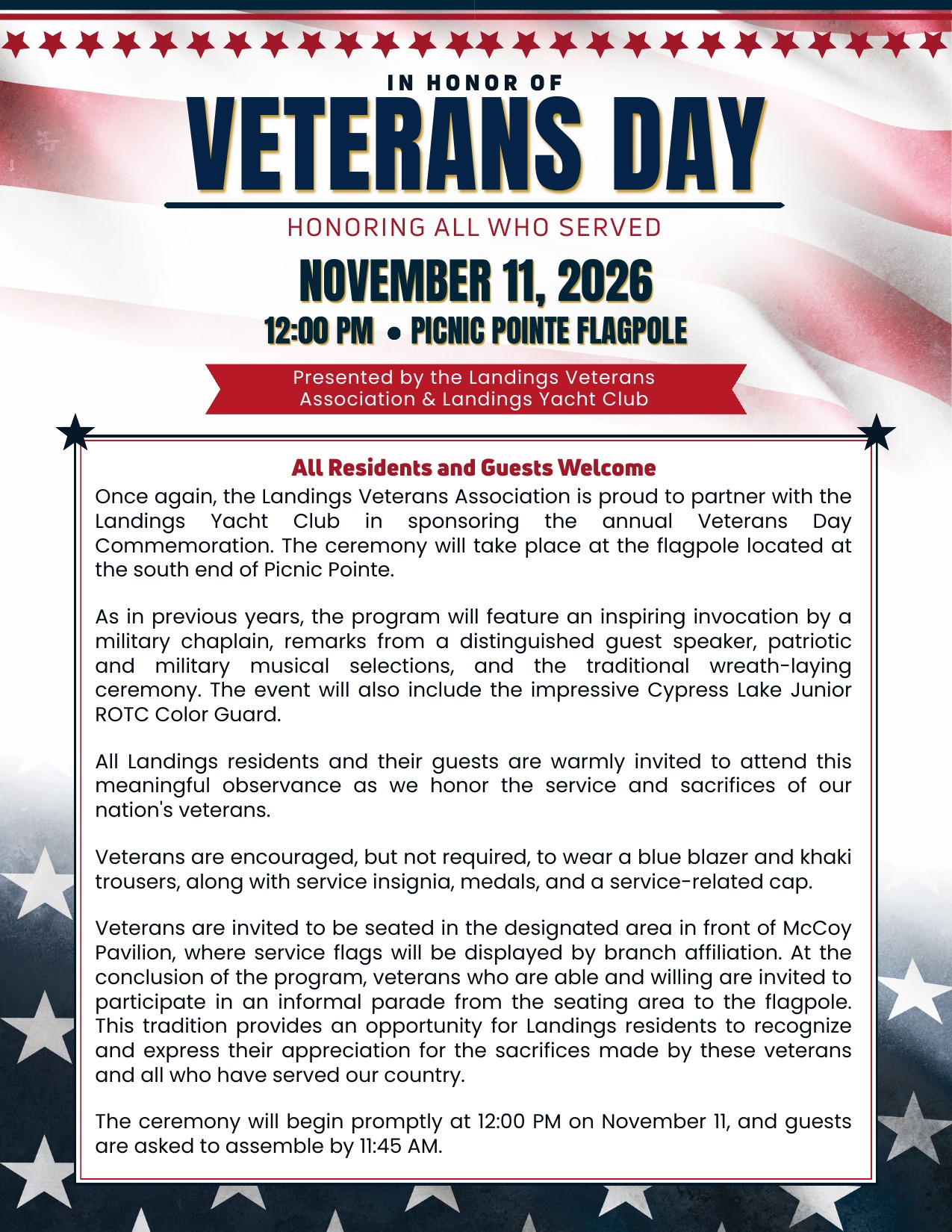 Veterans Day Commemoration flyer for November 11, 2026 at Picnic Pointe flagpole