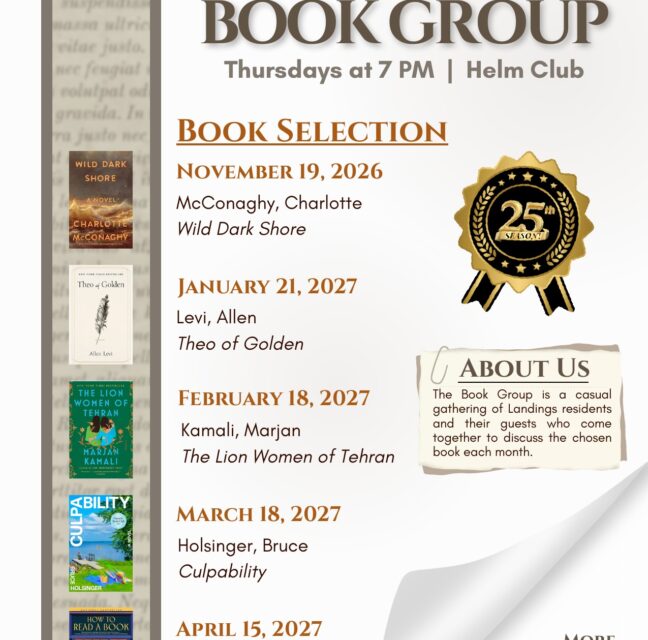The Landings 2026-2027 Book Group flyer with monthly book selections