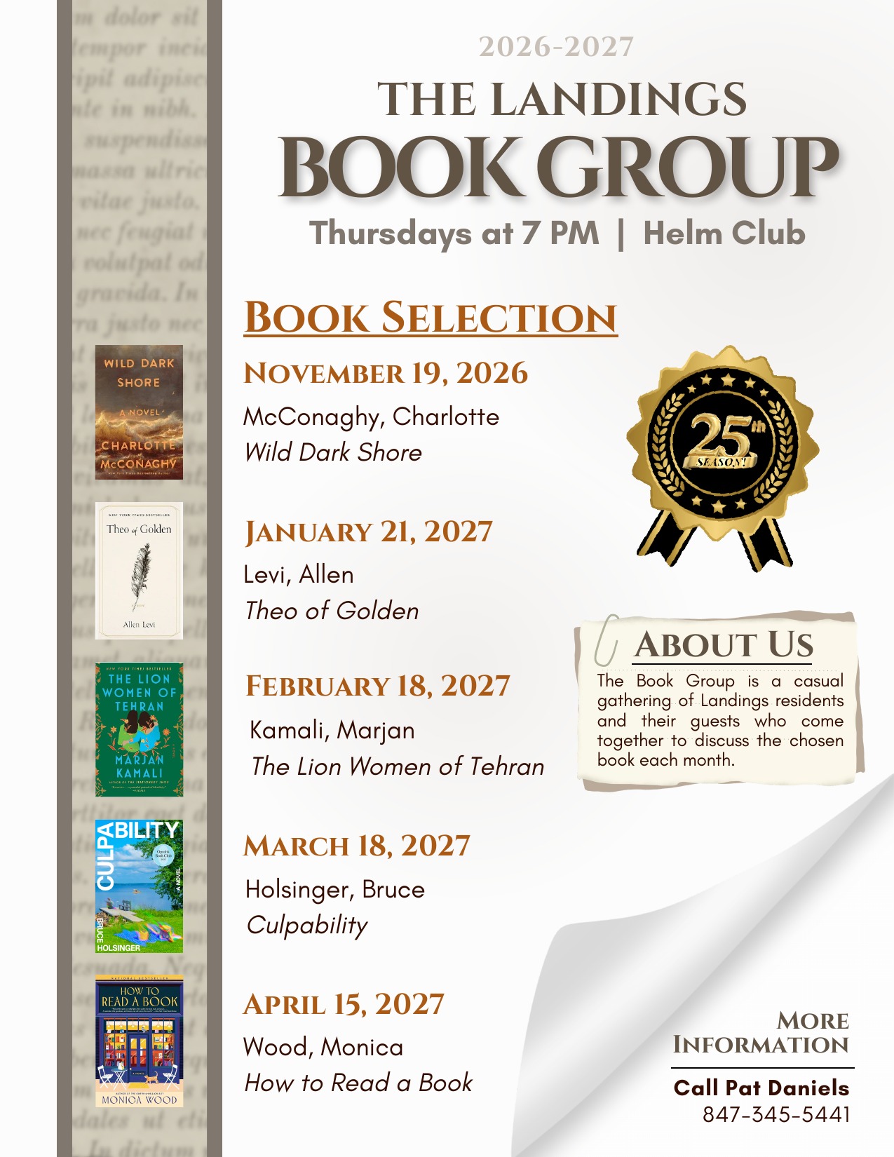 The Landings 2026-2027 Book Group flyer with monthly book selections