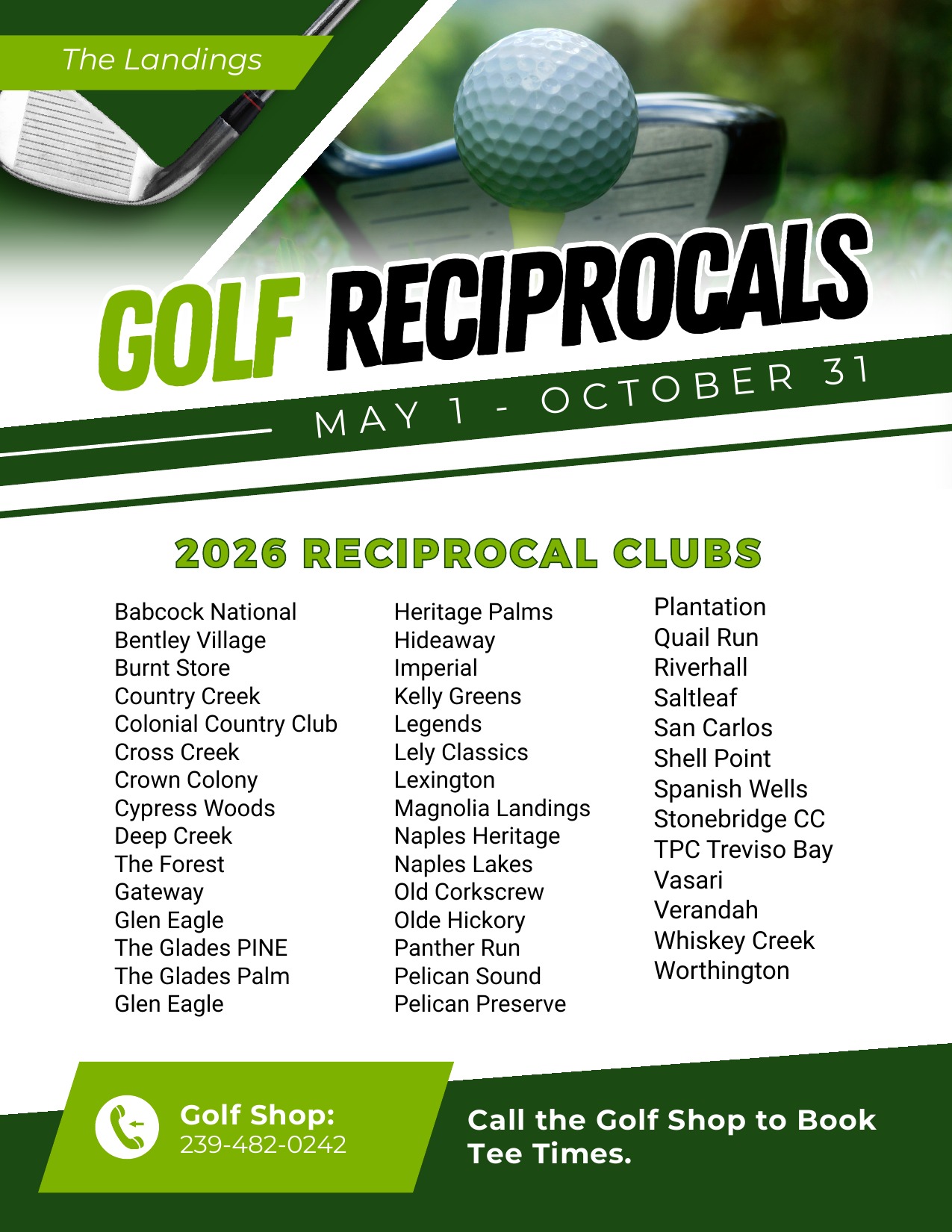 The Landings 2026 Golf Reciprocals flyer listing reciprocal clubs