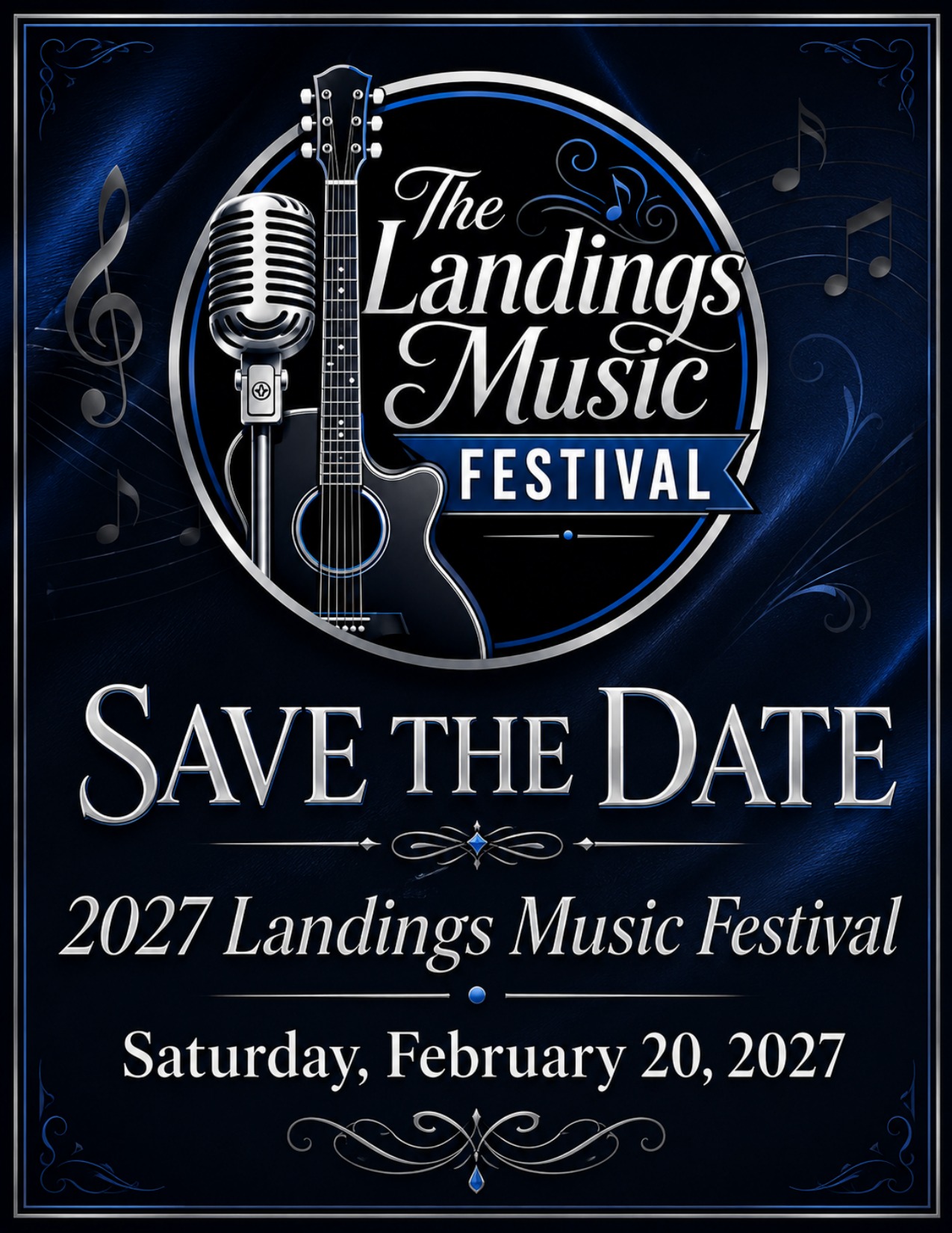 2027 Landings Music Festival save-the-date flyer for February 20, 2027
