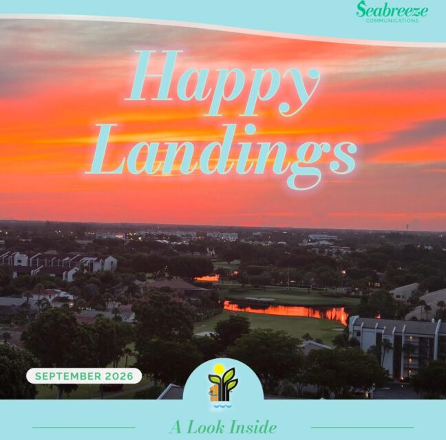 September 2026 Happy Landings cover: sunrise over The Landings from an Ariel lanai