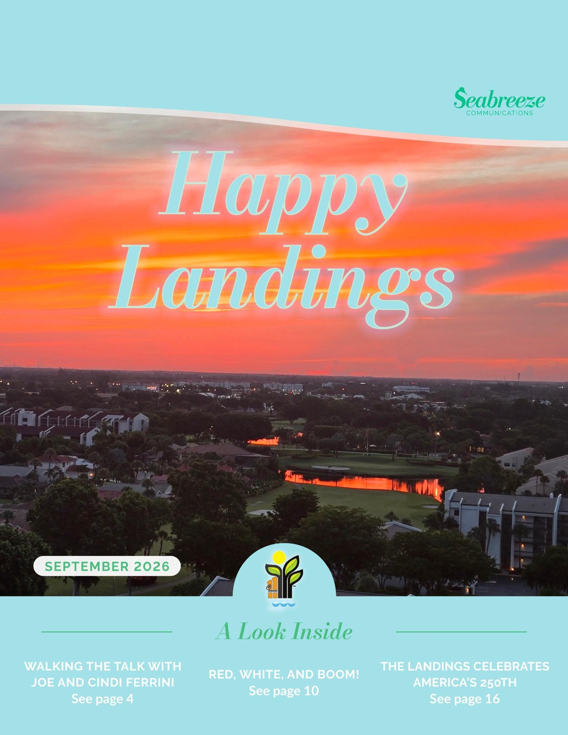 September 2026 Happy Landings cover: sunrise over The Landings from an Ariel lanai