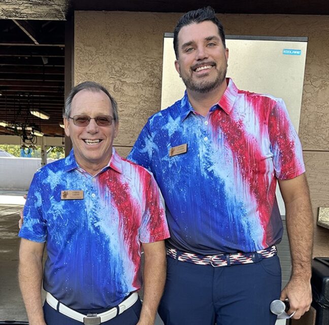 Chris Lajoie and Head Golf Professional Justin Glover in patriotic golf shirts