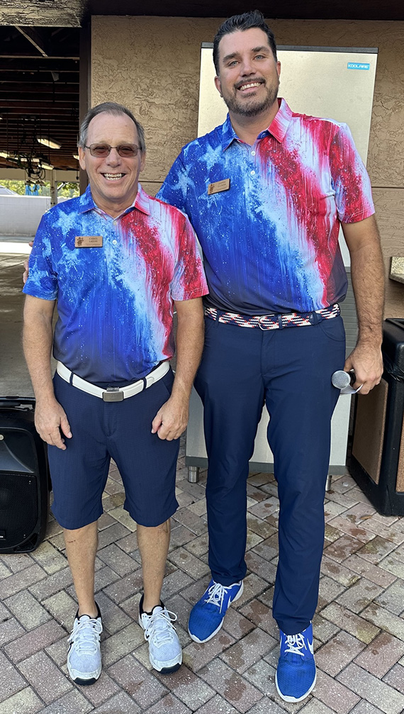 Chris Lajoie and Head Golf Professional Justin Glover in patriotic golf shirts